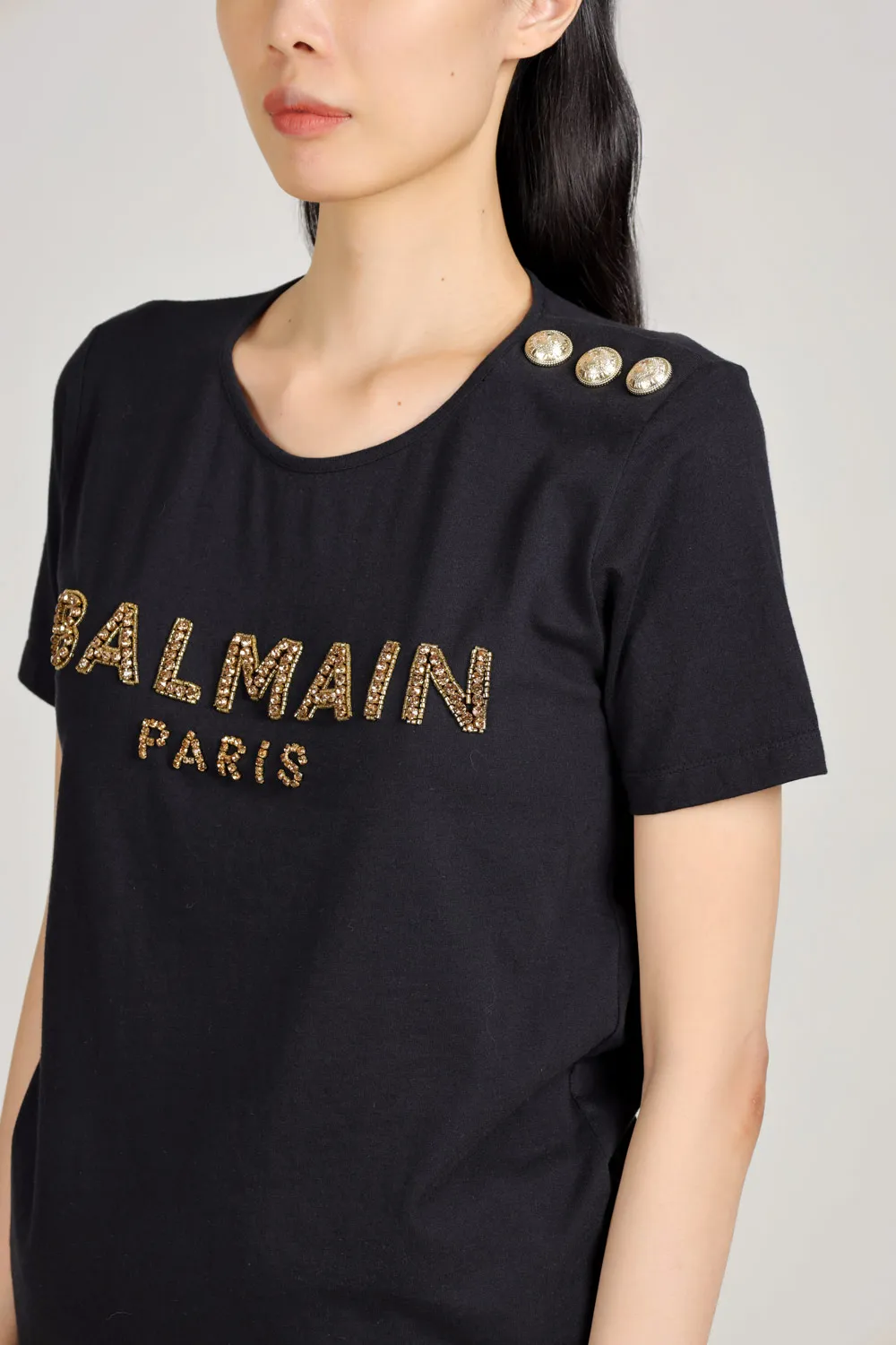 BALMAIN Women 3 Buttons Balmain Paris Rhinestone Logo T-Shirt Black/Gold 3