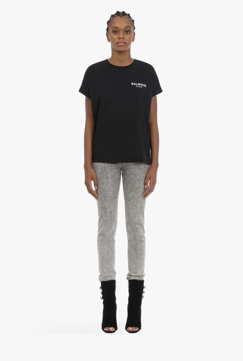 BALMAIN Women Balmain Paris Small Flocked Logo T-Shirt in Black/White 4