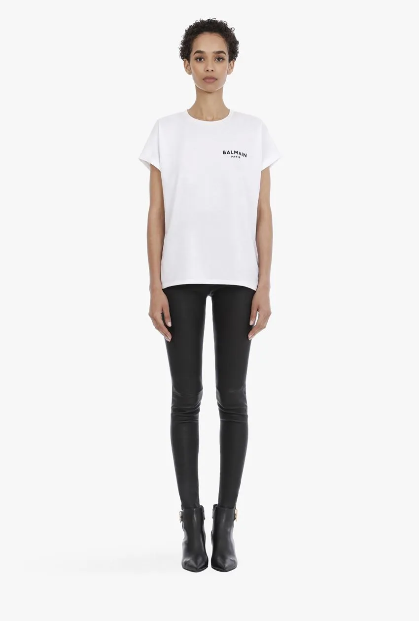 BALMAIN Women Balmain Paris Small Flocked Logo T-Shirt in White/Black 4
