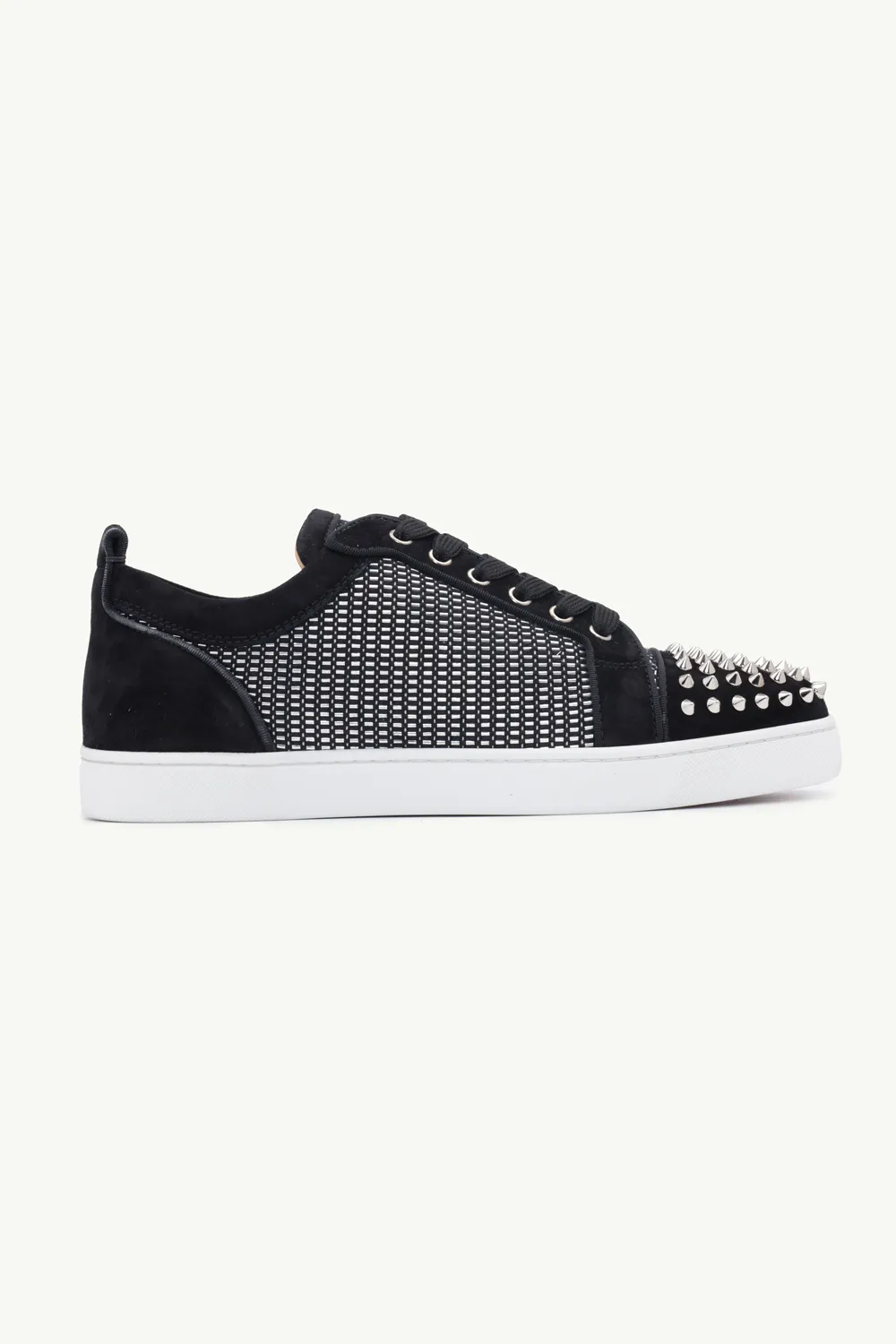 CHRISTIAN LOUBOUTIN Men Louis Junior Spikes Orlato Sneakers in Black/Silver with Metal Beads 0