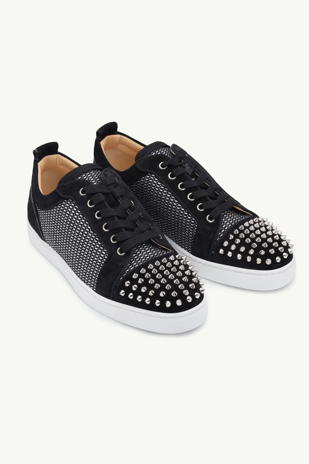 CHRISTIAN LOUBOUTIN Men Louis Junior Spikes Orlato Sneakers in Black/Silver with Metal Beads 1