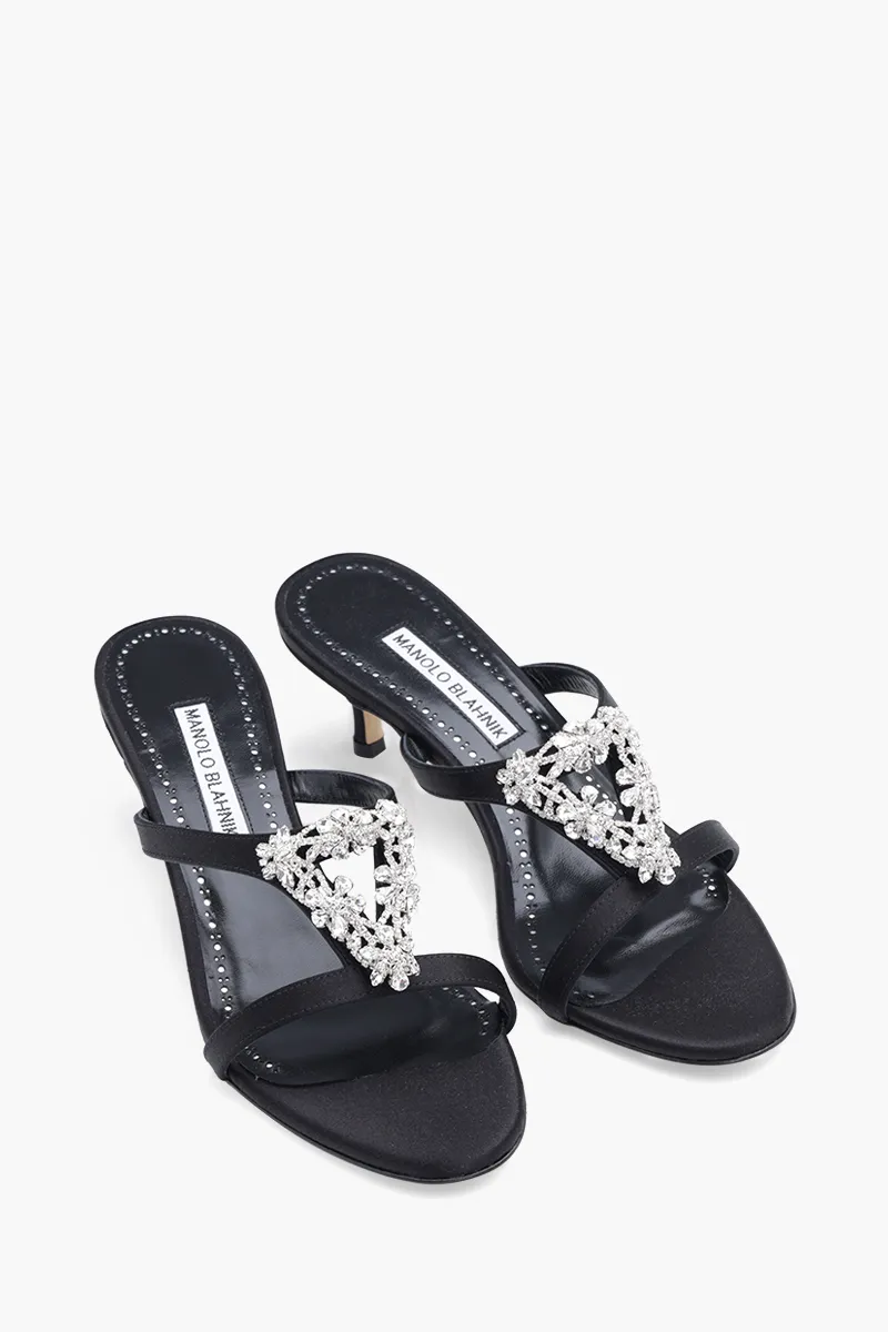 MANOLO BLAHNIK Trinamu Triangular Embellished Mules 5cm in Black Satin with White Crystal 1