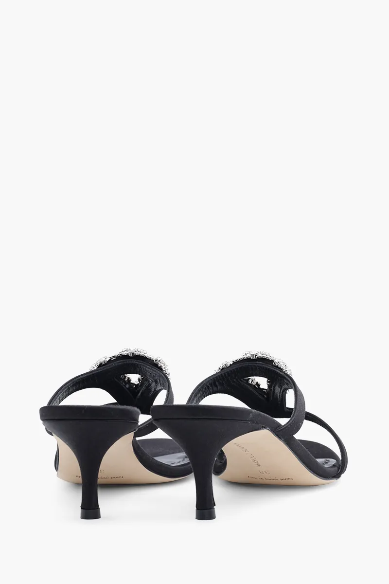 MANOLO BLAHNIK Trinamu Triangular Embellished Mules 5cm in Black Satin with White Crystal 2