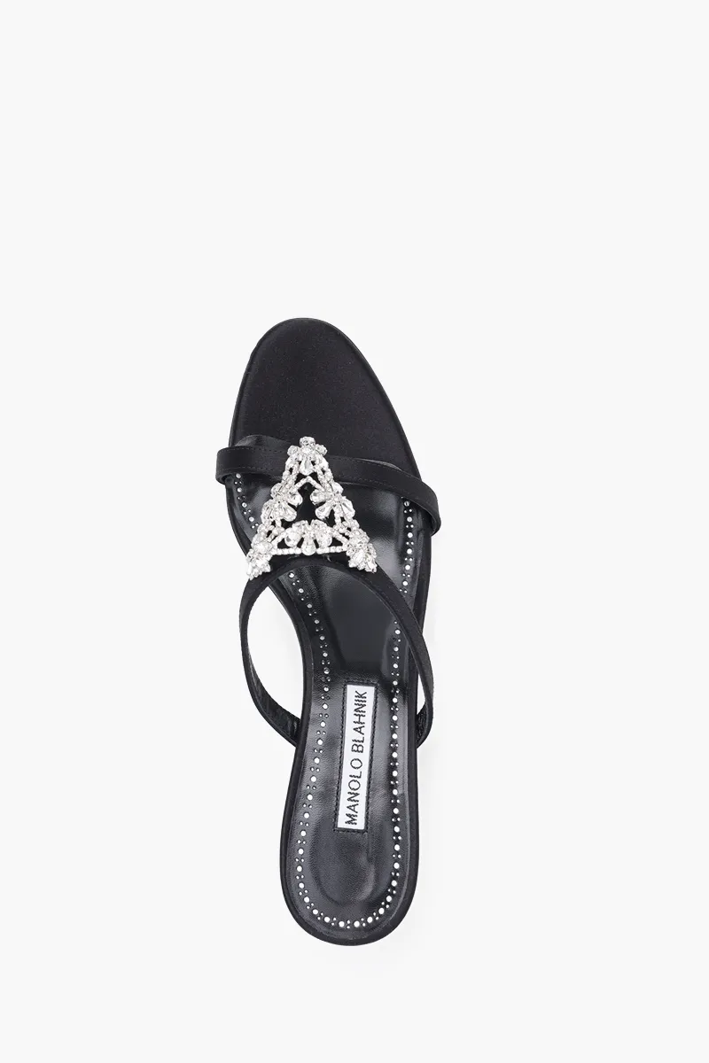 MANOLO BLAHNIK Trinamu Triangular Embellished Mules 5cm in Black Satin with White Crystal 3