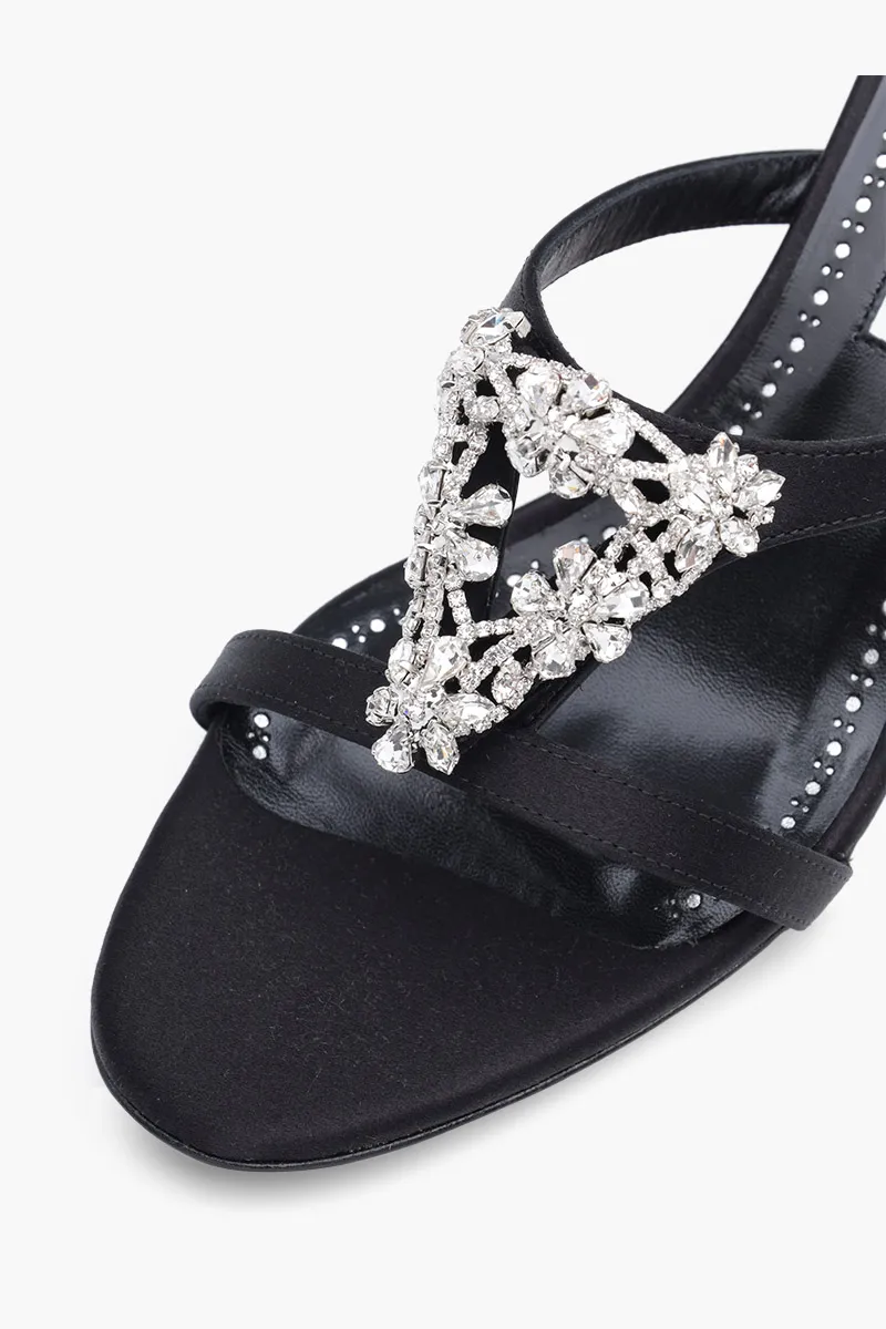 MANOLO BLAHNIK Trinamu Triangular Embellished Mules 5cm in Black Satin with White Crystal 4