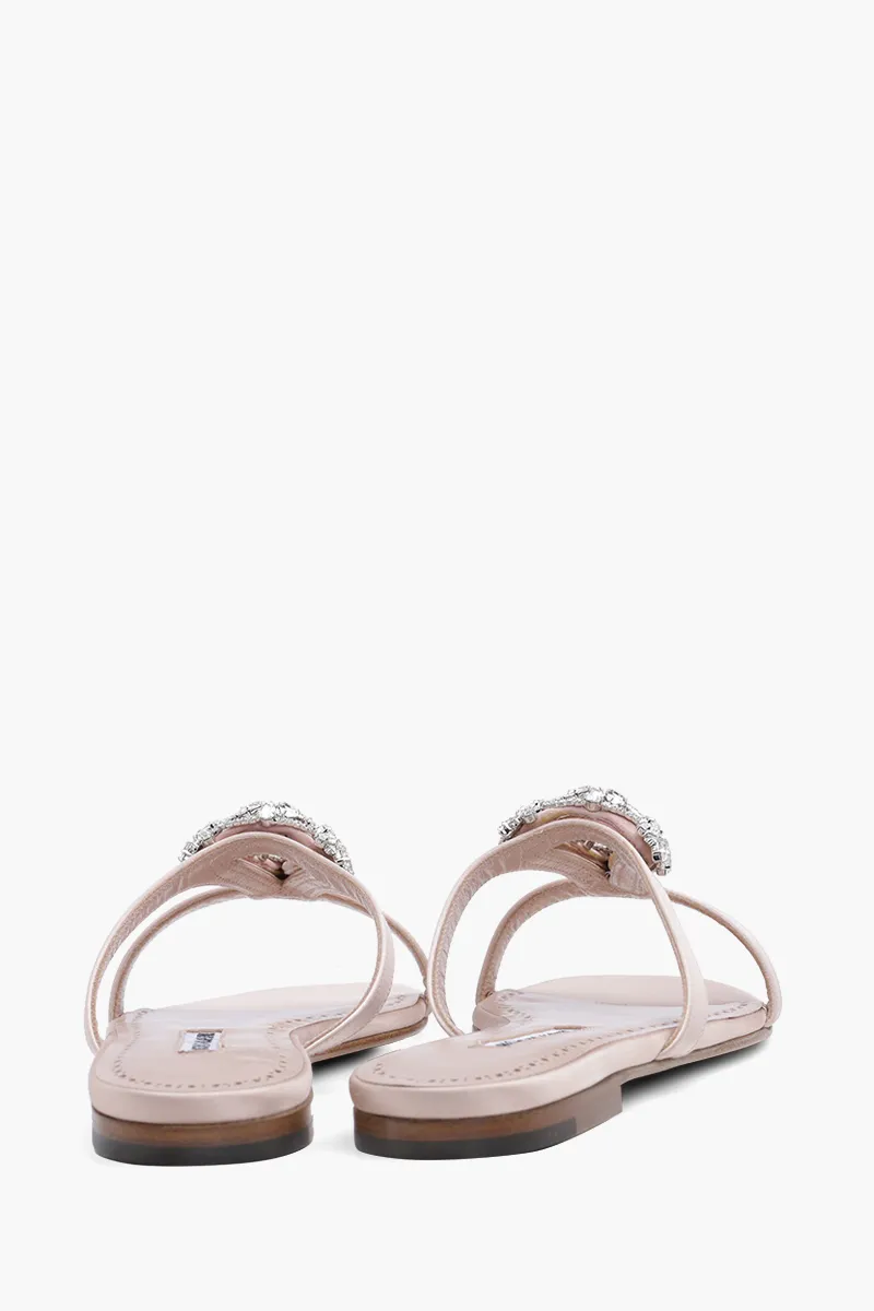MANOLO BLAHNIK Trinamu Triangular Embellished Flat Mules in Dark Nude Satin with White Crystal 2