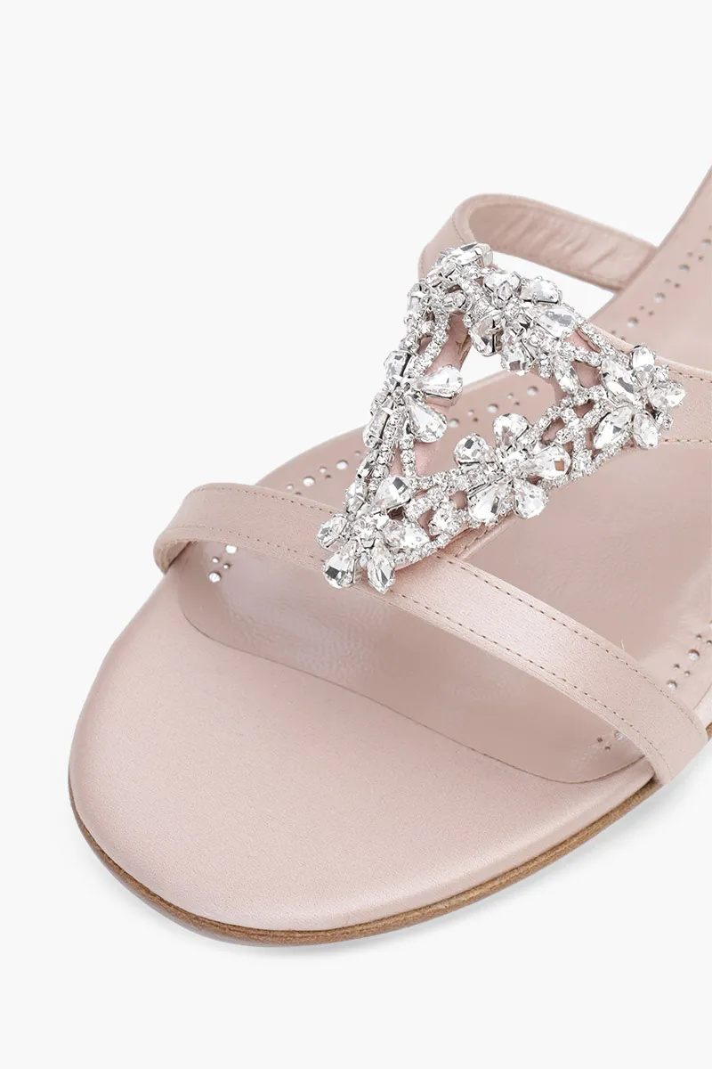 MANOLO BLAHNIK Trinamu Triangular Embellished Flat Mules in Dark Nude Satin with White Crystal 4