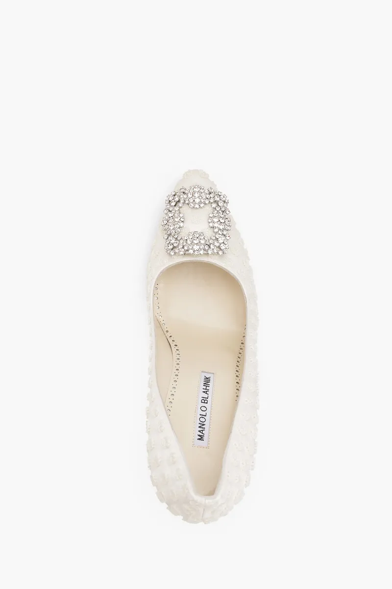 MANOLO BLAHNIK Hangisi Embroidered Pumps 10.5cm in White Satin with White Crystal 3