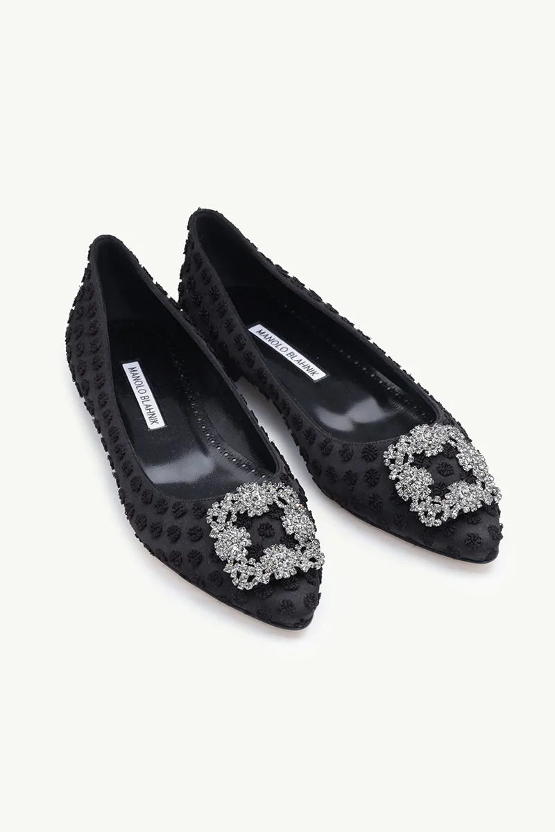 MANOLO BLAHNIK Hangisi Embroidered Ballerina in Black Satin with Dark Crystal 1