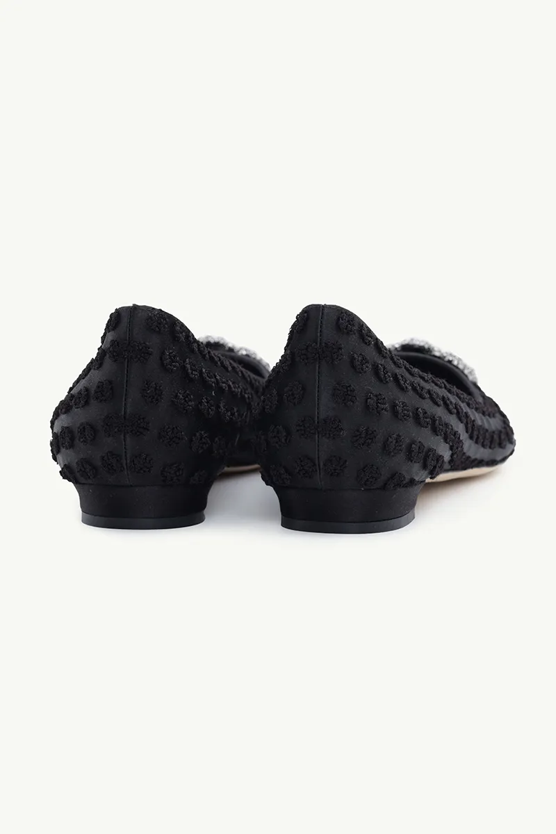 MANOLO BLAHNIK Hangisi Embroidered Ballerina in Black Satin with Dark Crystal 2
