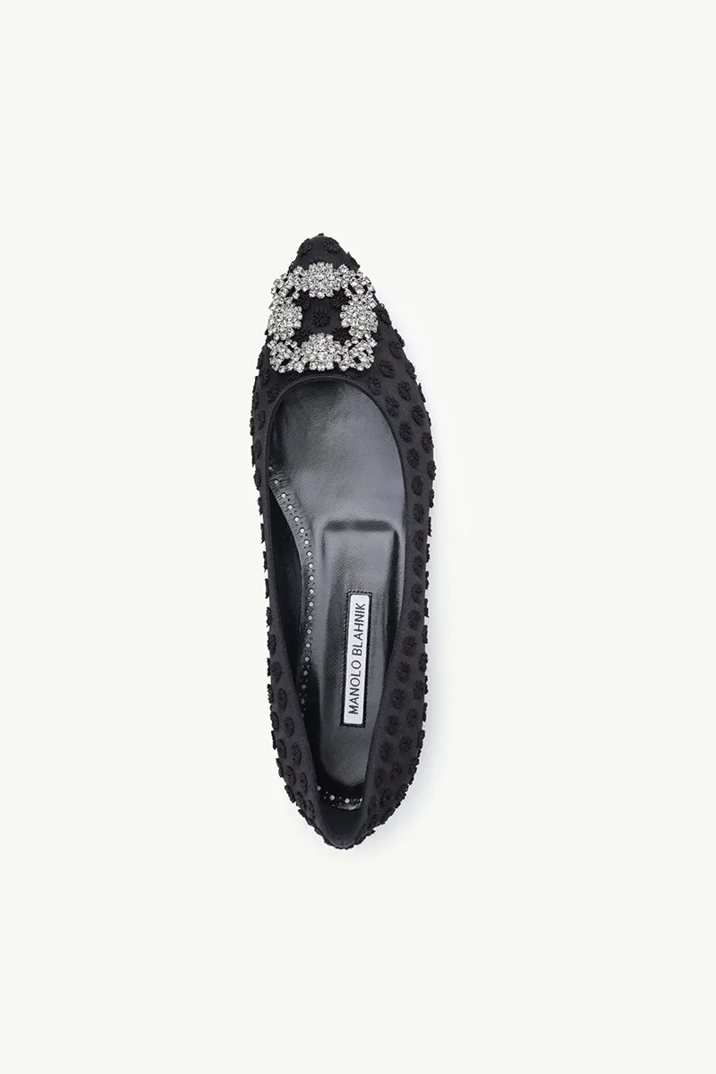 MANOLO BLAHNIK Hangisi Embroidered Ballerina in Black Satin with Dark Crystal 3
