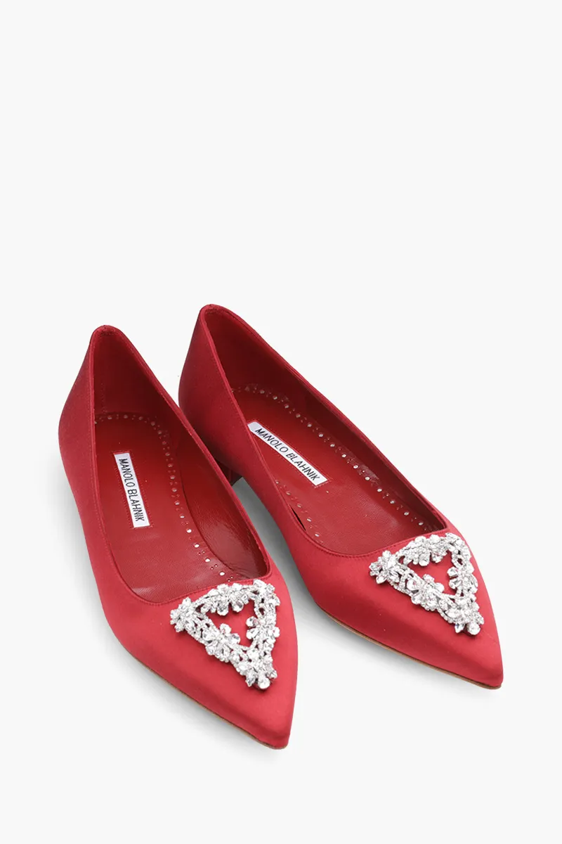 MANOLO BLAHNIK Trina Triangular Embellished Ballerina in Dark Red Satin with White Crystal 1