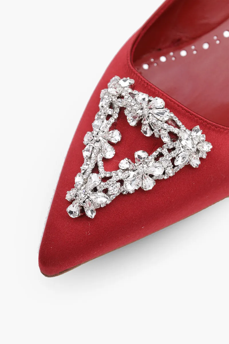 MANOLO BLAHNIK Trina Triangular Embellished Ballerina in Dark Red Satin with White Crystal 4
