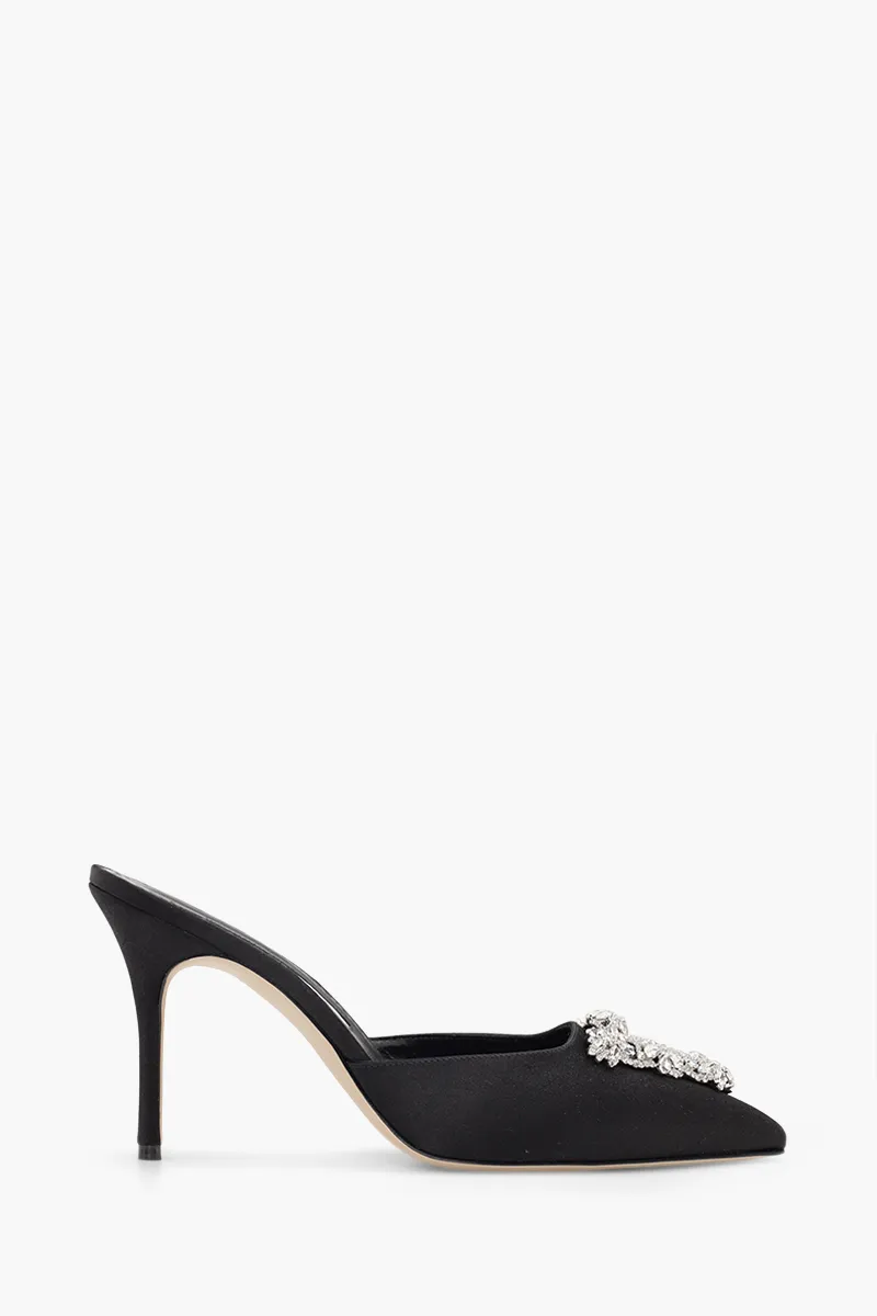 MANOLO BLAHNIK Namutri Triangular Embellished Mules 9cm in Black Satin with White Crystal 0