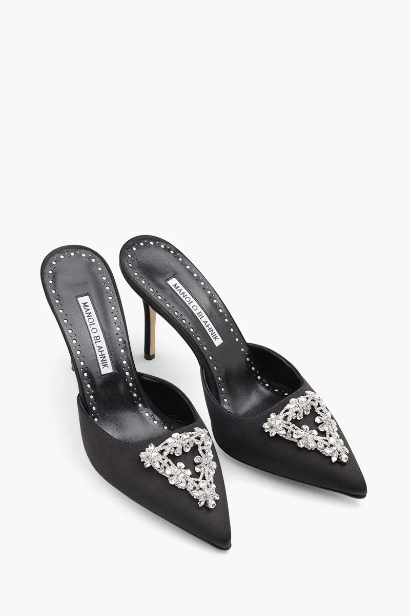 MANOLO BLAHNIK Namutri Triangular Embellished Mules 9cm in Black Satin with White Crystal 1