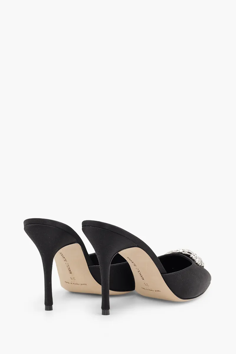 MANOLO BLAHNIK Namutri Triangular Embellished Mules 9cm in Black Satin with White Crystal 2