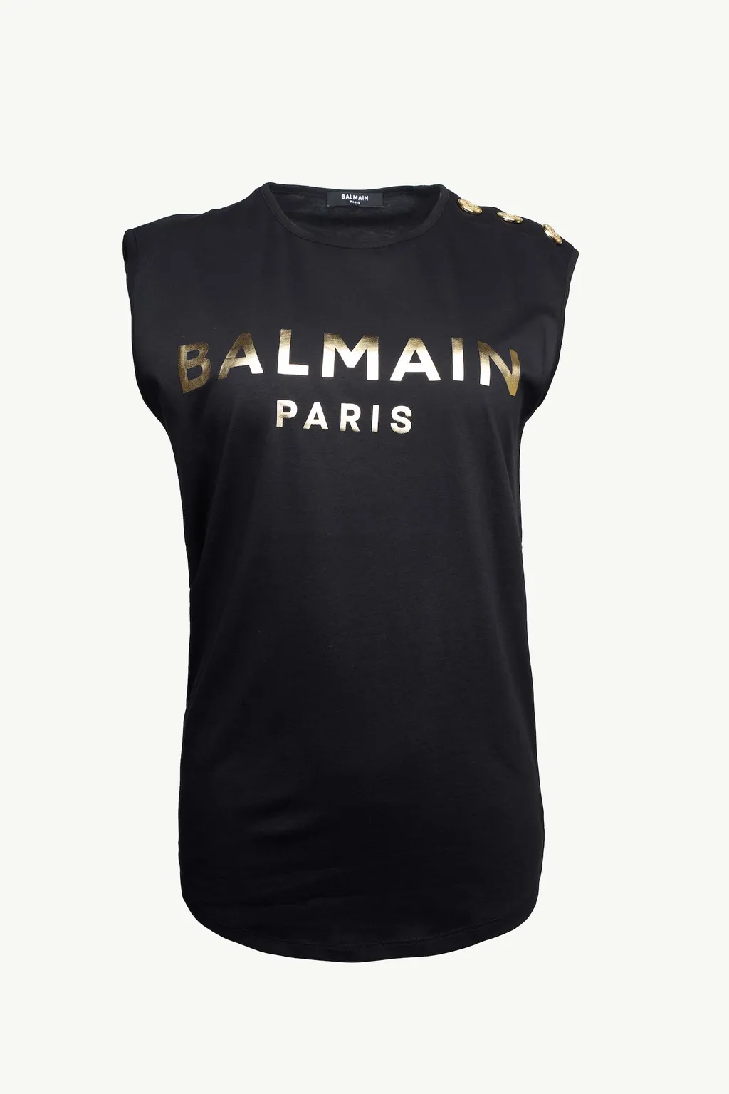 BALMAIN Women 3 Buttons Balmain Paris Metallic Logo Sleeveless T-Shirt in Black/Gold 0