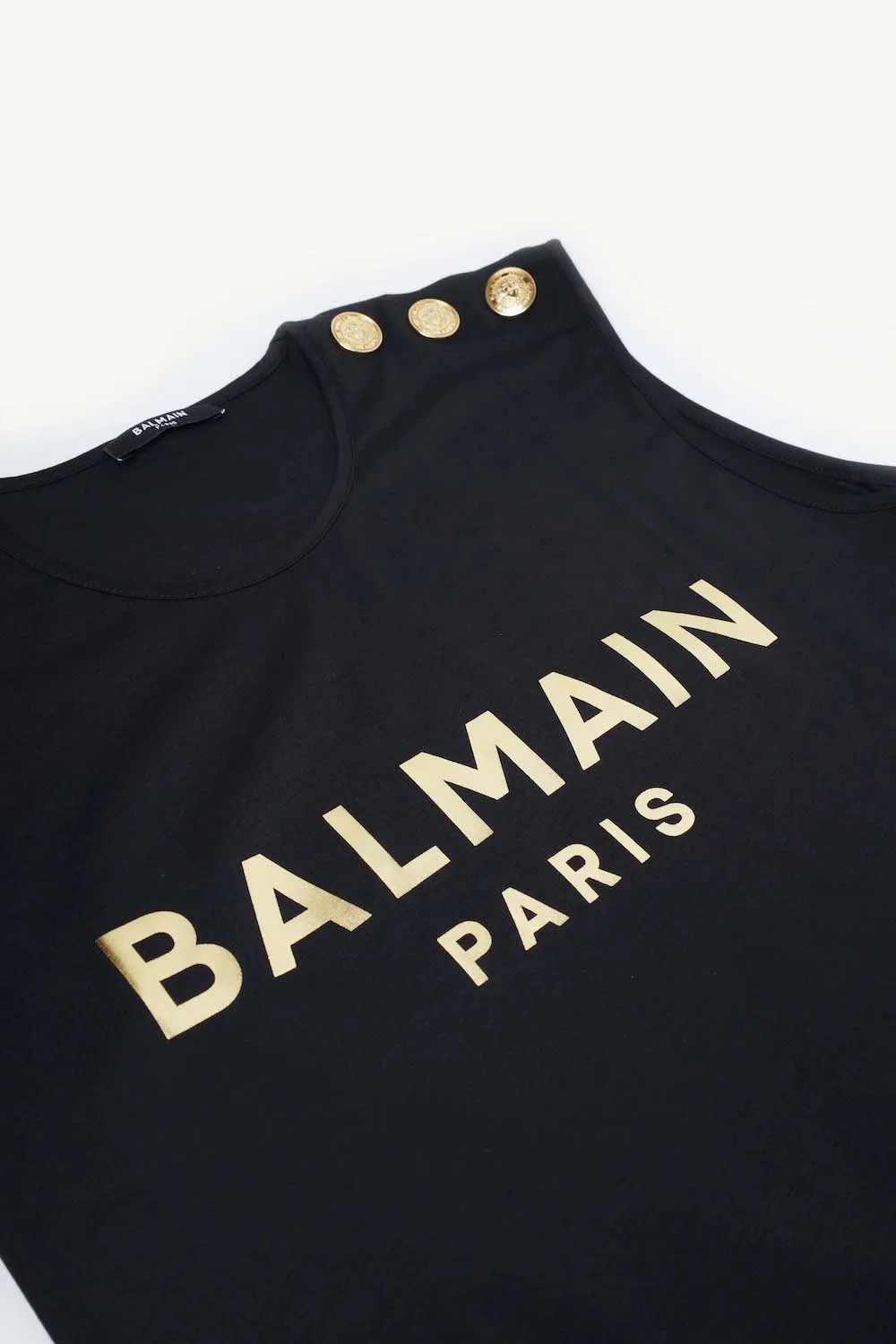BALMAIN Women 3 Buttons Balmain Paris Metallic Logo Sleeveless T-Shirt in Black/Gold 2