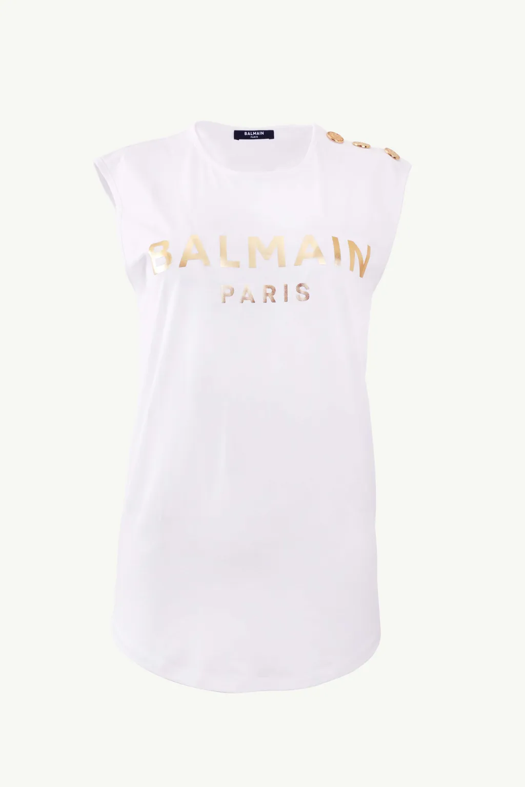 BALMAIN Women 3 Buttons Balmain Paris Metallic Logo Sleeveless T-Shirt in White/Gold 0