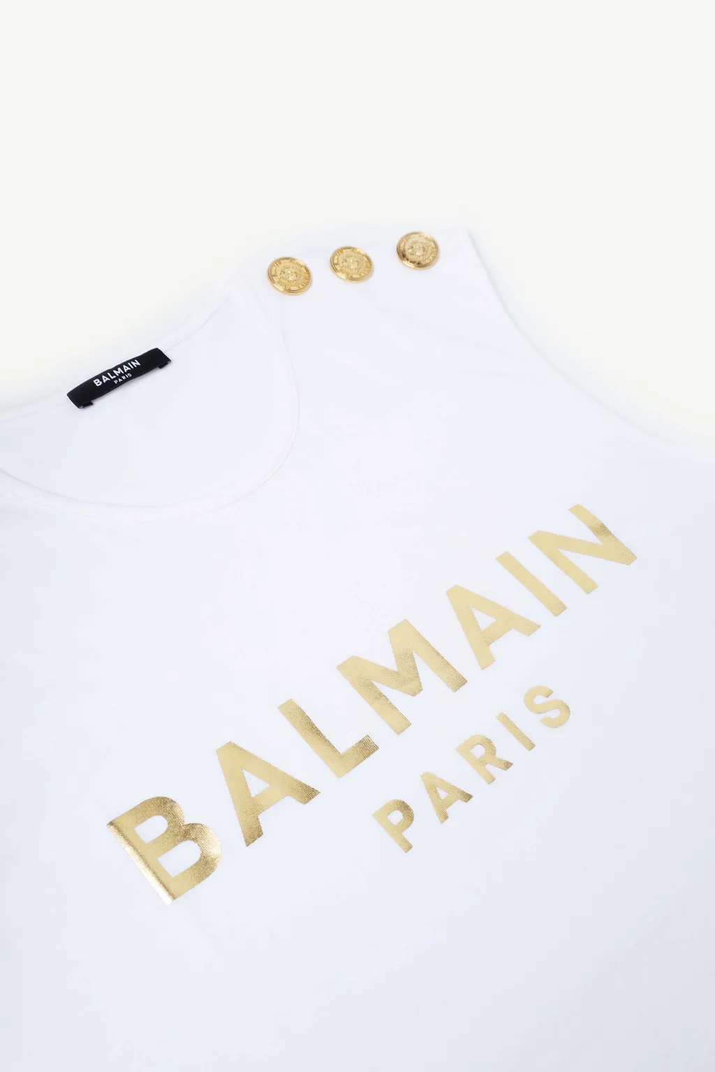 BALMAIN Women 3 Buttons Balmain Paris Metallic Logo Sleeveless T-Shirt in White/Gold 2