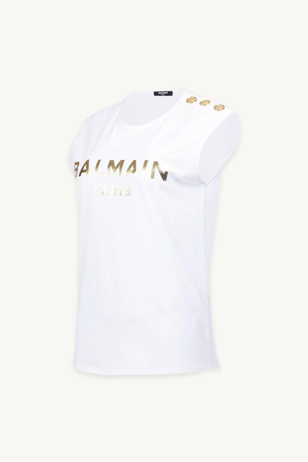 BALMAIN Women 3 Buttons Balmain Metallic Bold Logo Sleeveless T-Shirt in White/Gold 2