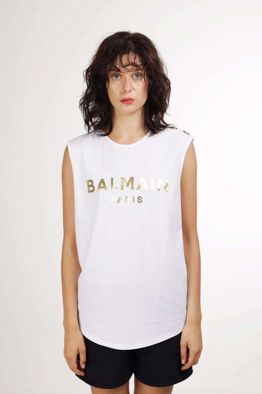BALMAIN Women 3 Buttons Balmain Metallic Bold Logo Sleeveless T-Shirt in White/Gold 4