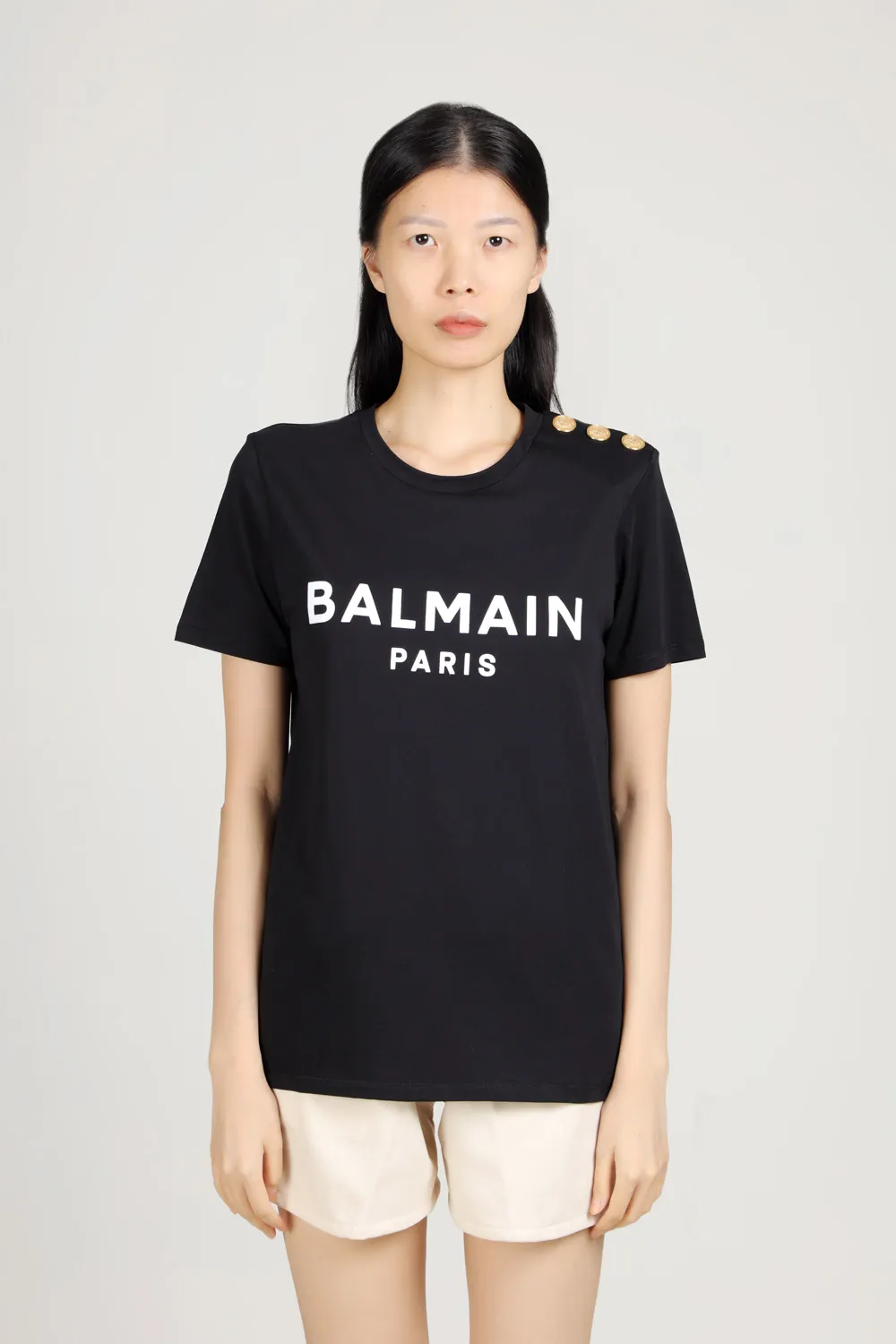 BALMAIN Women 3 Buttons Balmain Paris Logo Sleeveless T-Shirt in Black/White Eco-Designed Cotton 1