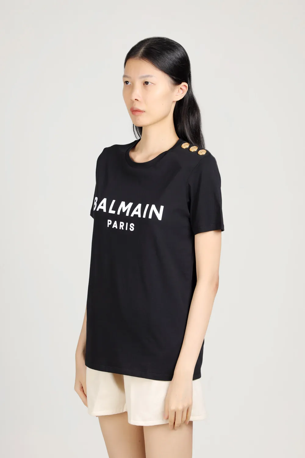 BALMAIN Women 3 Buttons Balmain Paris Logo Sleeveless T-Shirt in Black/White Eco-Designed Cotton 3