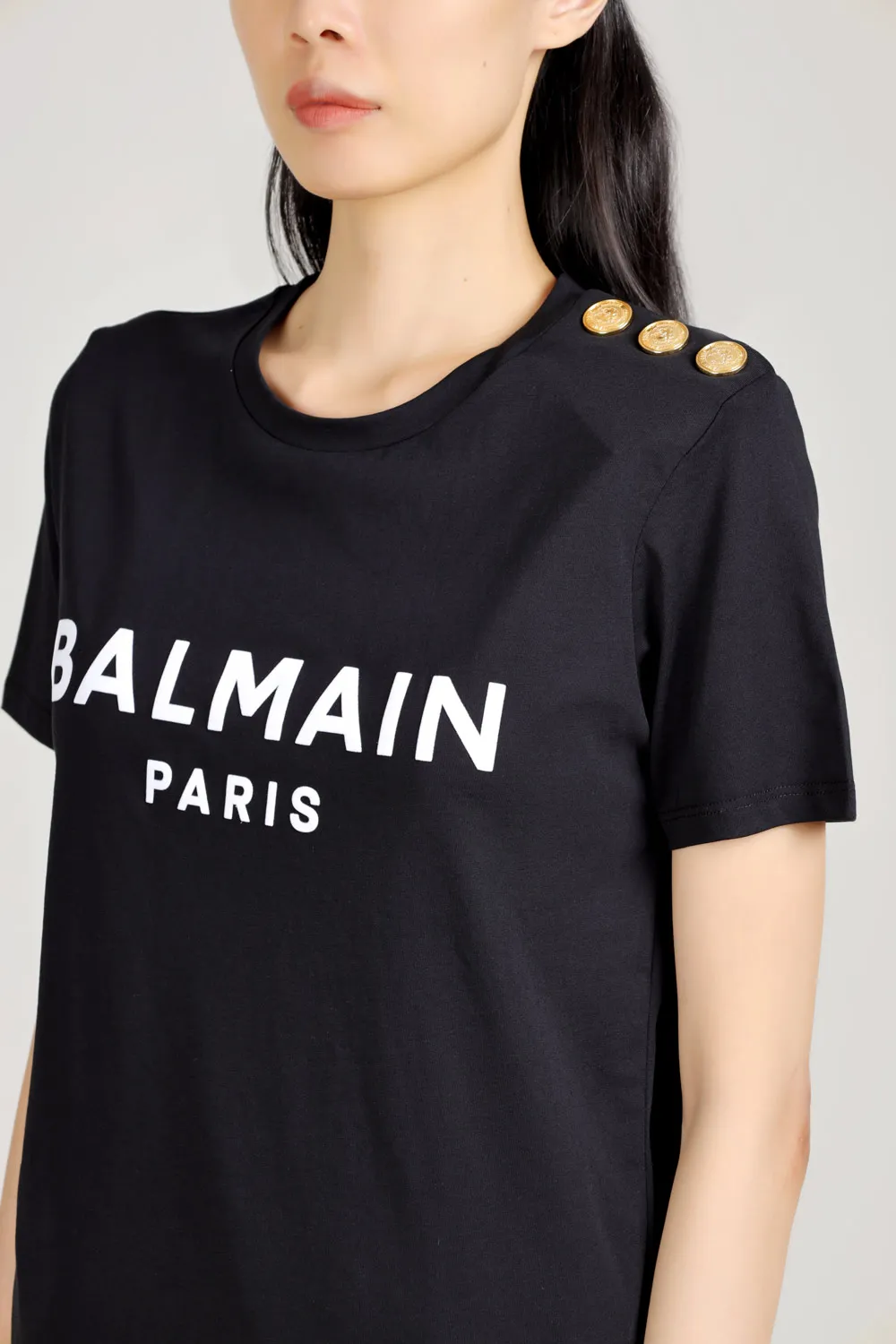 BALMAIN Women 3 Buttons Balmain Paris Logo Sleeveless T-Shirt in Black/White Eco-Designed Cotton 4