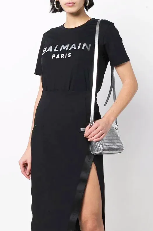 BALMAIN Women Balmain Metallic Bold Logo T-Shirt in Black/Silver 4