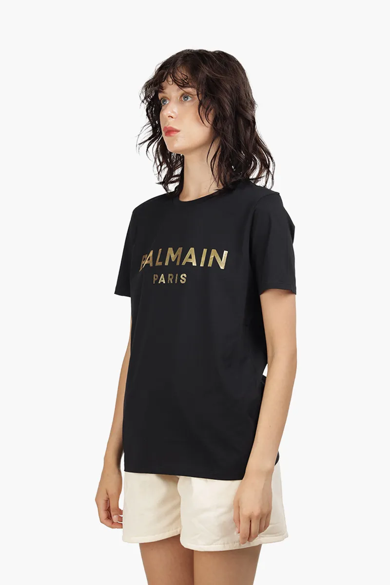 BALMAIN Women Balmain Metallic Bold Logo T-Shirt in Black/Gold 2