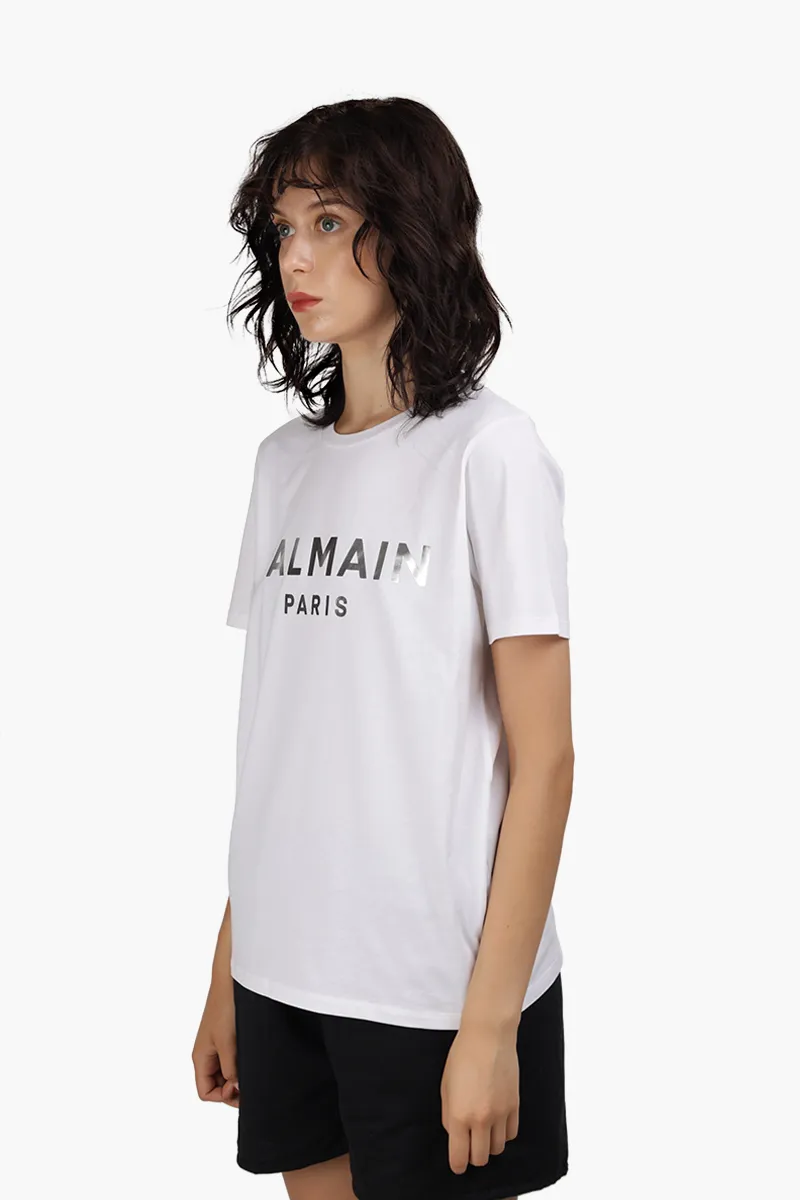 BALMAIN Women Balmain Metallic Bold Logo T-Shirt in White/Silver 2