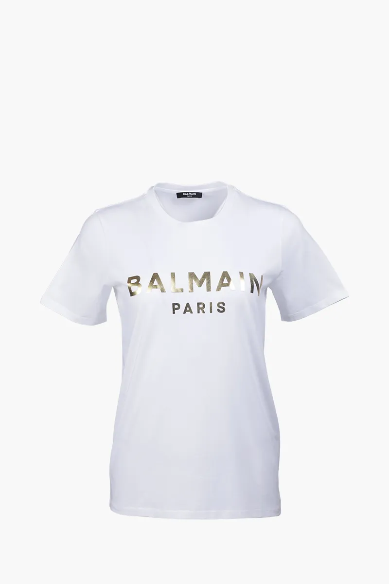 BALMAIN Women Balmain Metallic Bold Logo T-Shirt in White/Gold 0