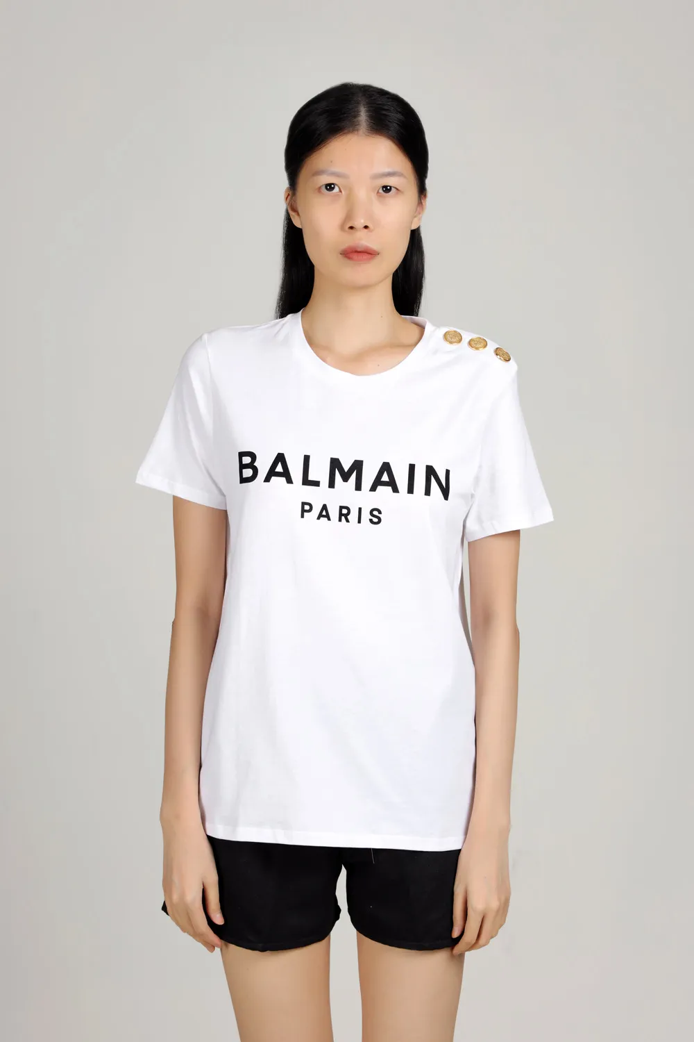 BALMAIN Women 3 Buttons Balmain Bold Logo T-Shirt in White/Black 1