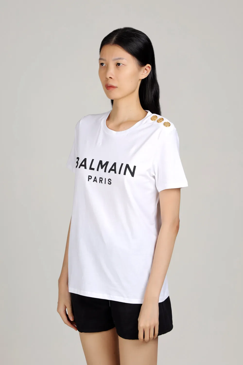 BALMAIN Women 3 Buttons Balmain Bold Logo T-Shirt in White/Black 3