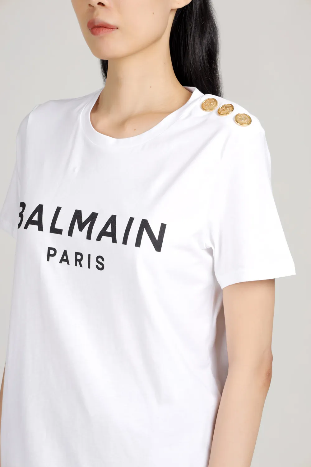 BALMAIN Women 3 Buttons Balmain Bold Logo T-Shirt in White/Black 4