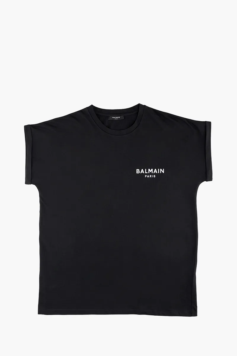 BALMAIN Women Balmain Paris Small Flocked Logo Casual Cut T-Shirt in Black/White 0