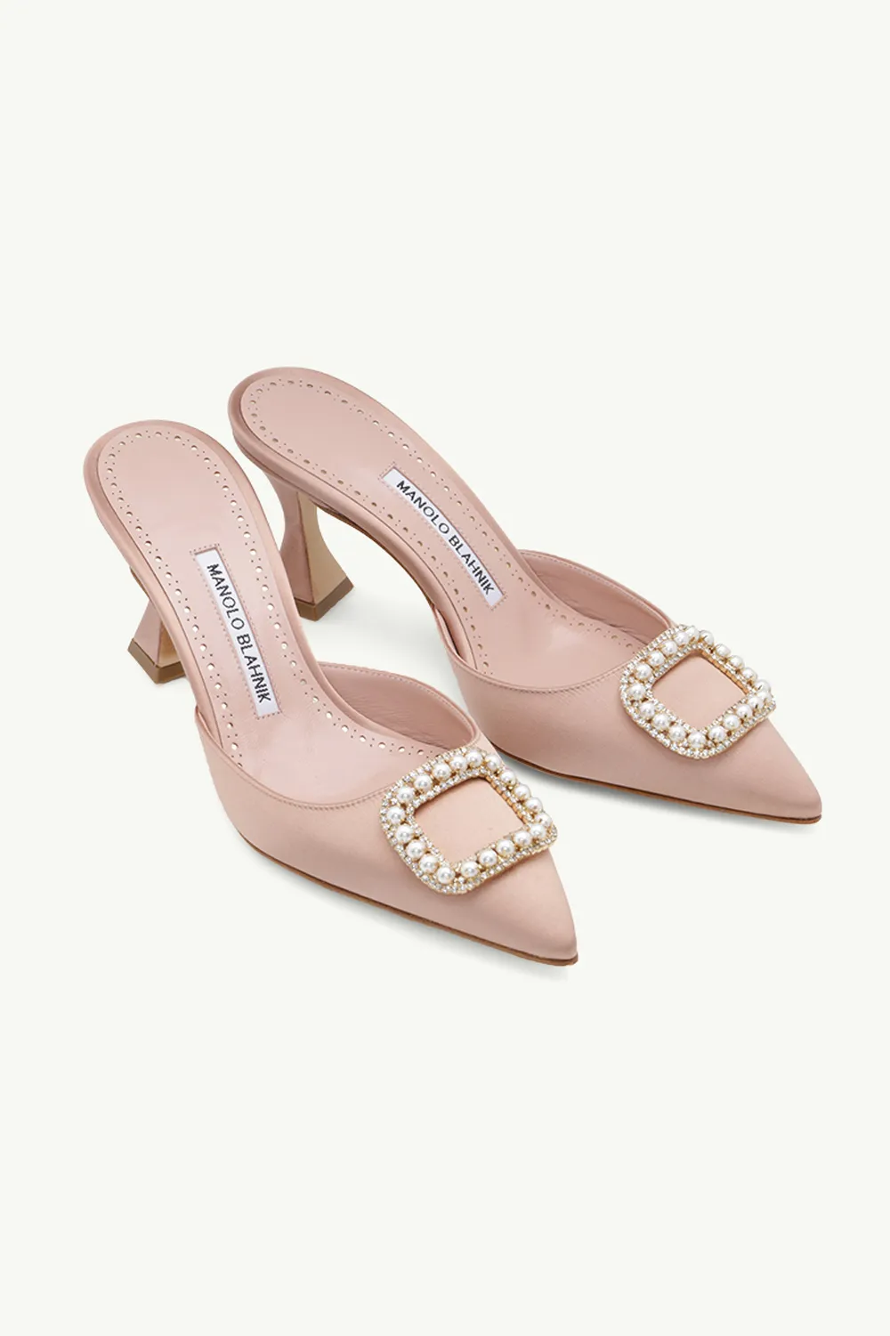 MANOLO BLAHNIK Fabeta Mules 7cm in Champagne Satin with Crystal & Pearls 1