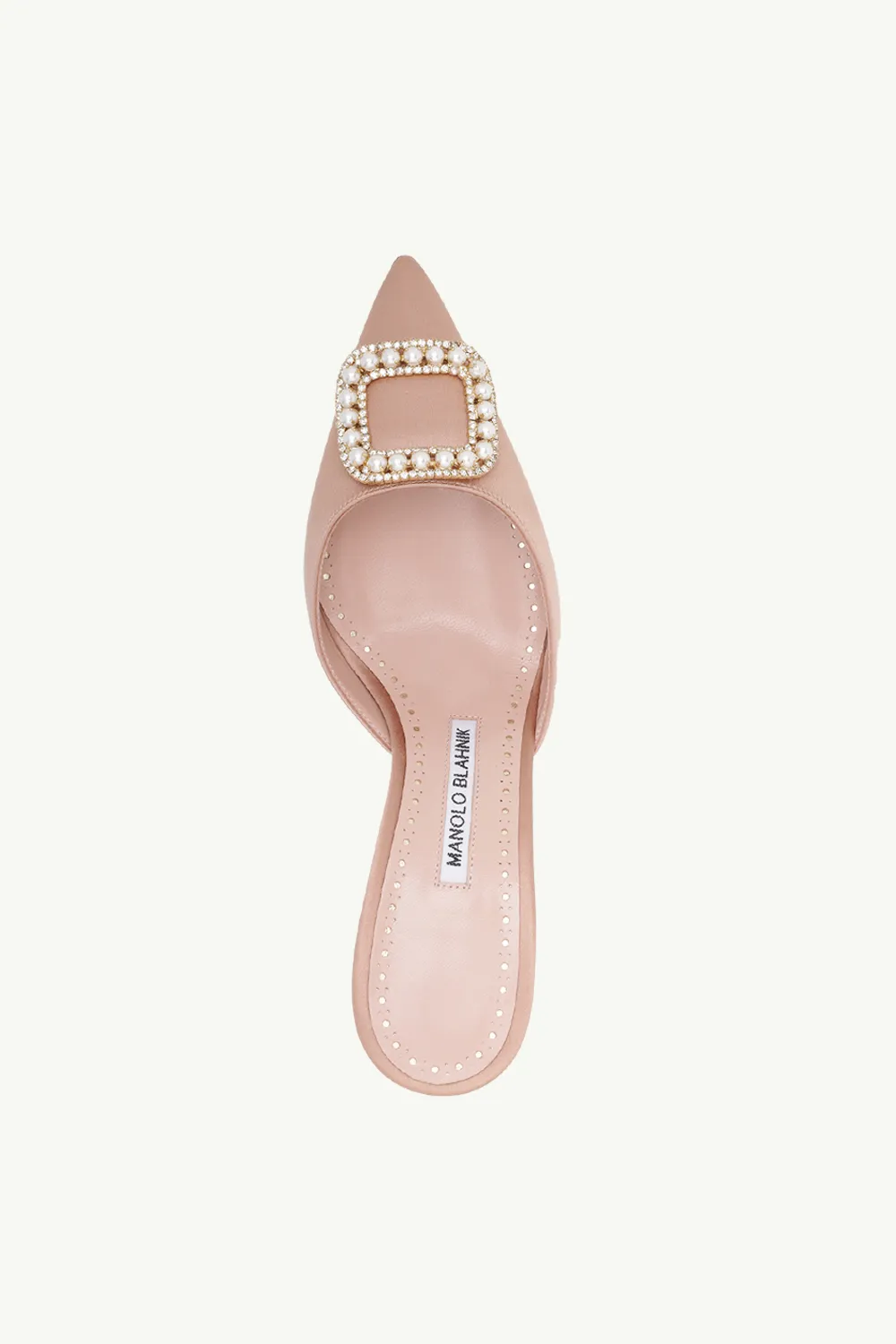 MANOLO BLAHNIK Fabeta Mules 7cm in Champagne Satin with Crystal & Pearls 3
