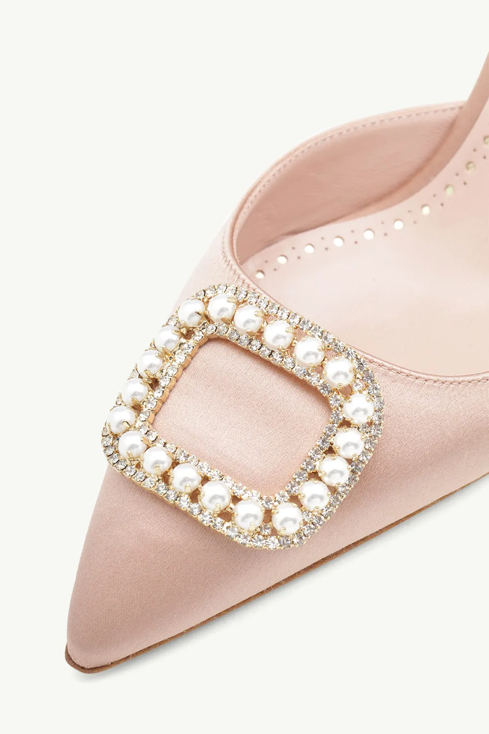 MANOLO BLAHNIK Fabeta Mules 7cm in Champagne Satin with Crystal & Pearls 4