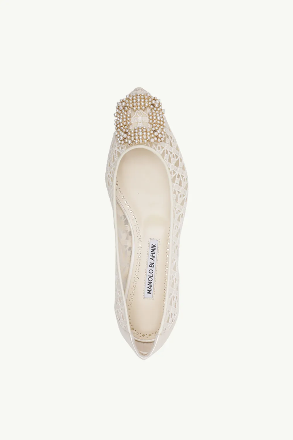 MANOLO BLAHNIK Hangisi Lace Flat in Ivory with White Pearls GHW 3