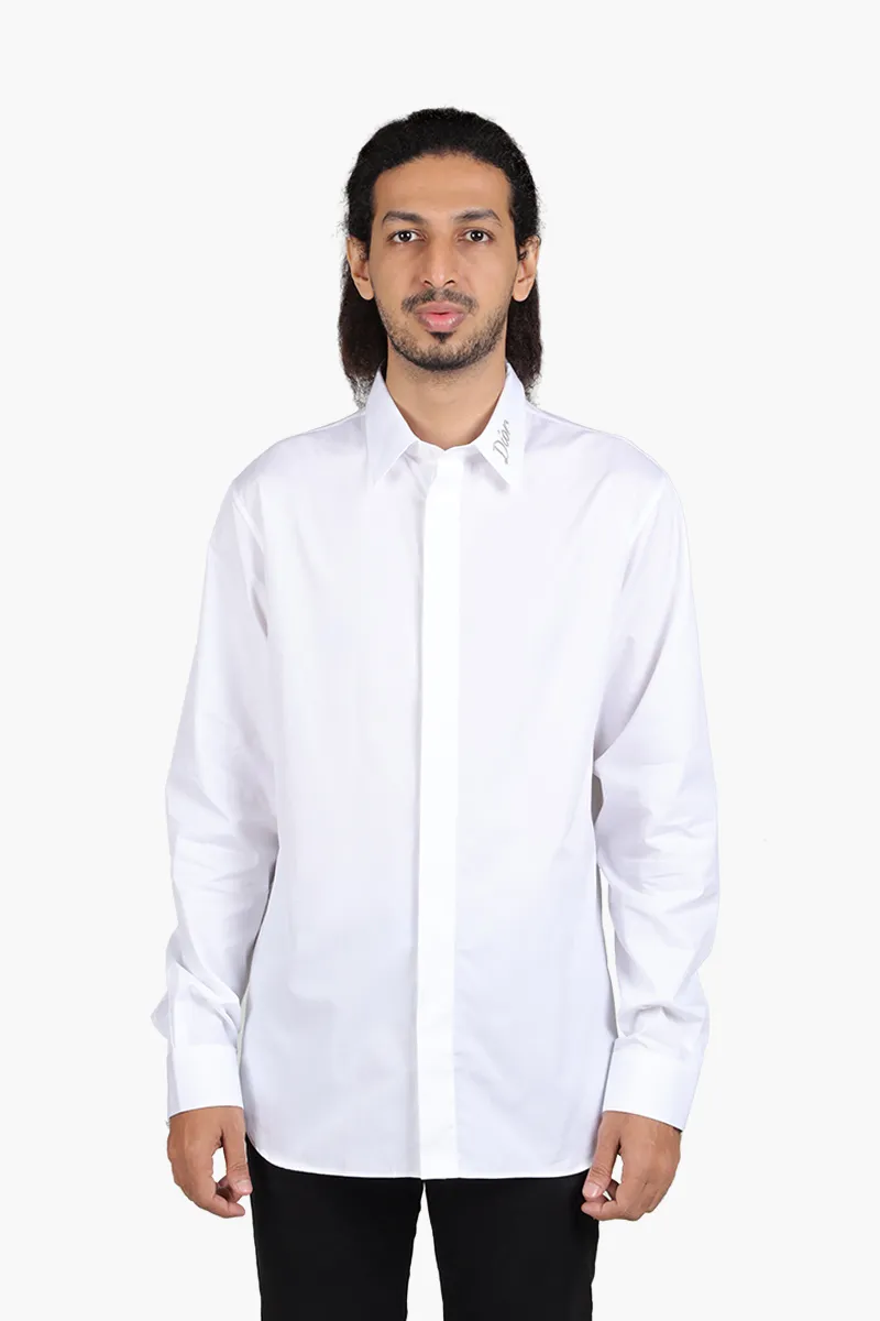 CHRISTIAN DIOR Men Long Sleeves Shirt in White Cotton Poplin with Greige 'DIOR' on Collar 0