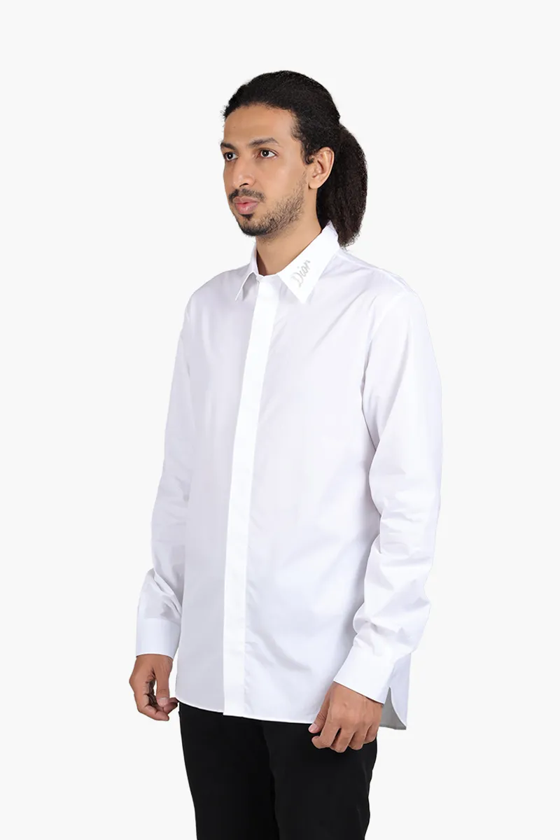 CHRISTIAN DIOR Men Long Sleeves Shirt in White Cotton Poplin with Greige 'DIOR' on Collar 2