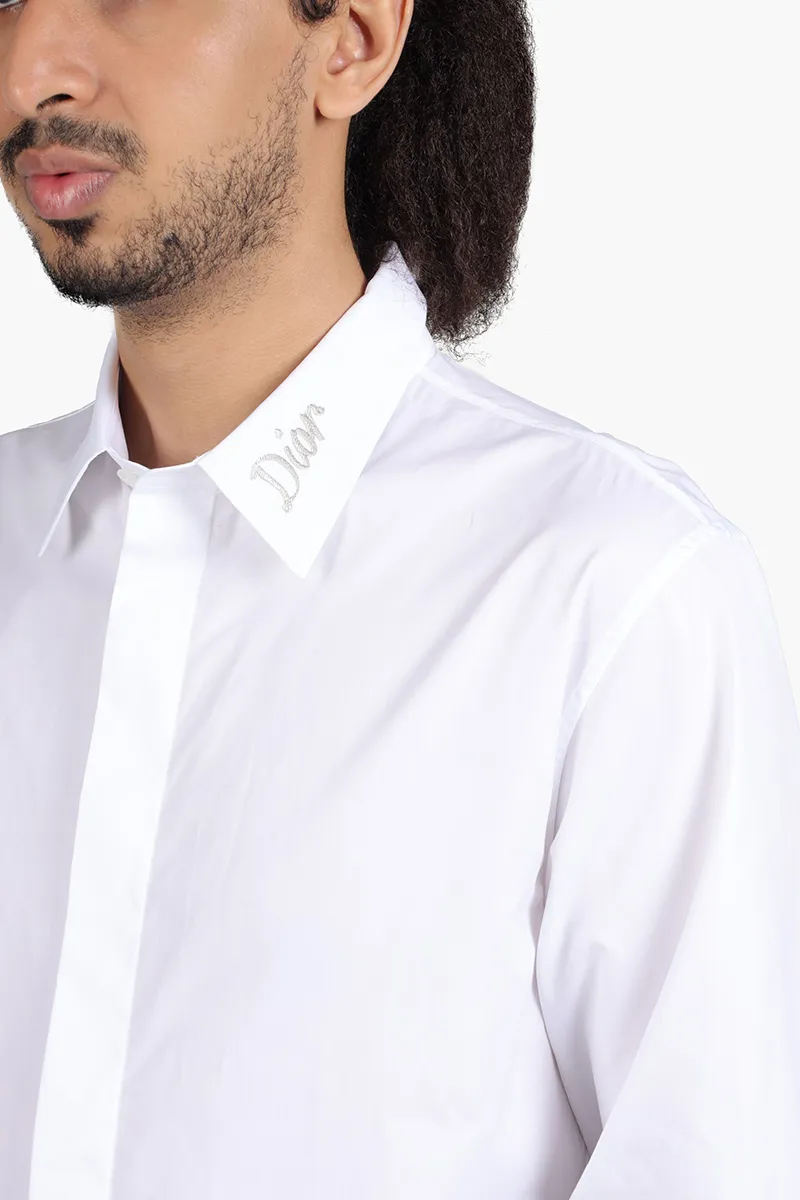 CHRISTIAN DIOR Men Long Sleeves Shirt in White Cotton Poplin with Greige 'DIOR' on Collar 3