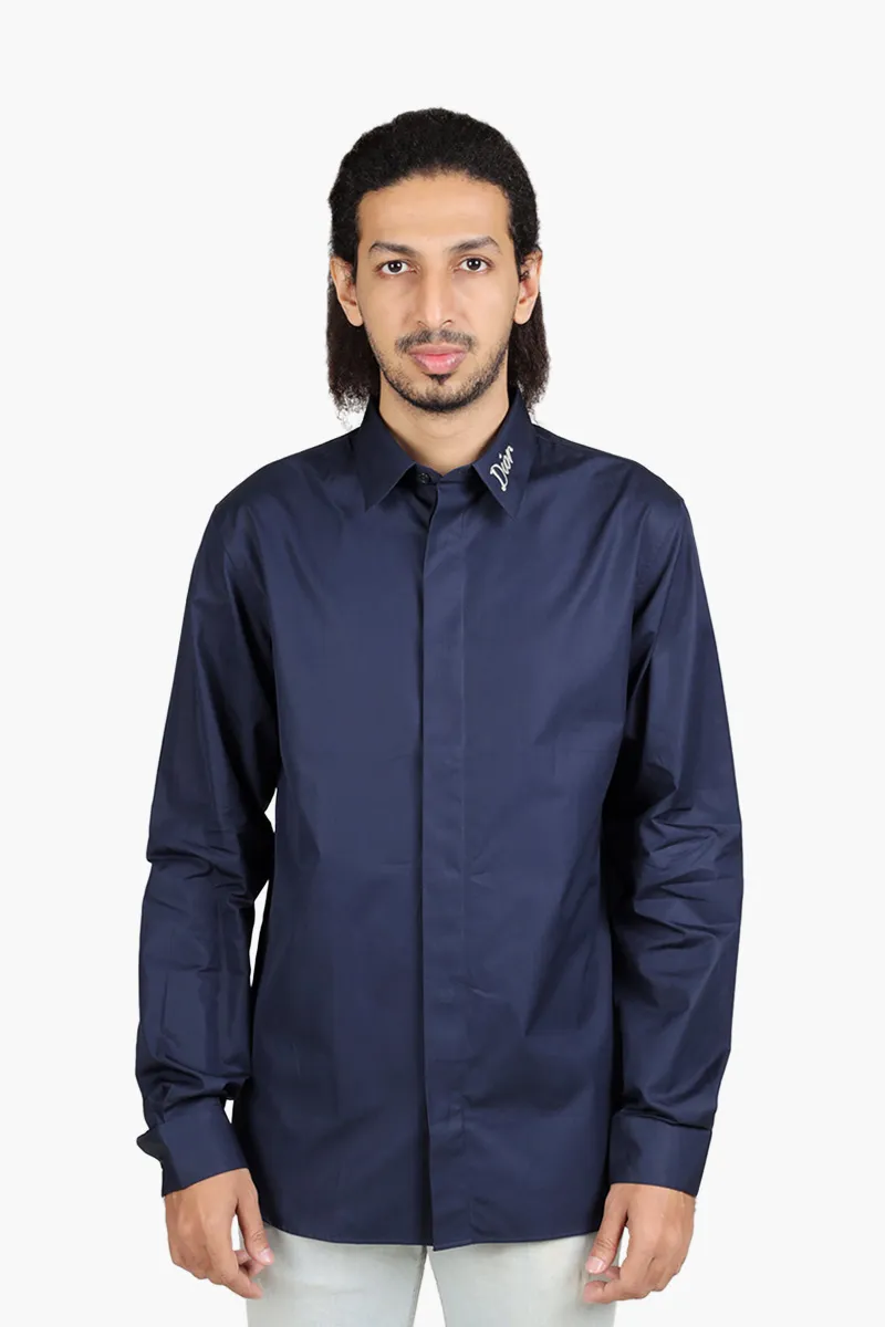 CHRISTIAN DIOR Men Long Sleeves Shirt in Navy Blue Cotton Poplin with Greige 'DIOR' on Collar 0