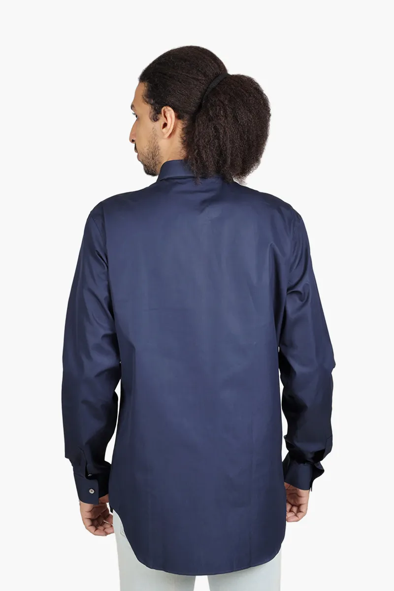 CHRISTIAN DIOR Men Long Sleeves Shirt in Navy Blue Cotton Poplin with Greige 'DIOR' on Collar 1