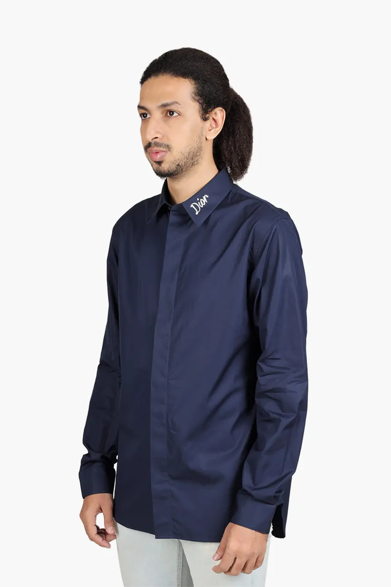 CHRISTIAN DIOR Men Long Sleeves Shirt in Navy Blue Cotton Poplin with Greige 'DIOR' on Collar 2