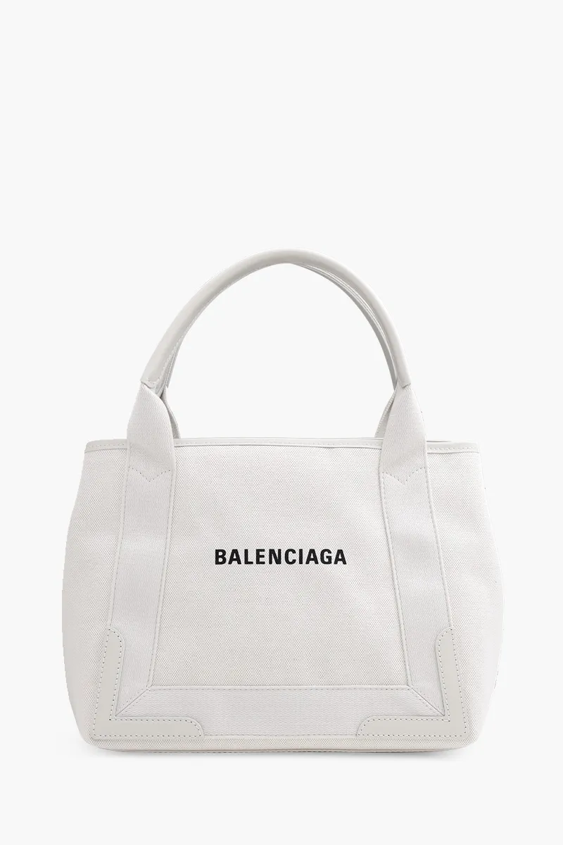 BALENCIAGA Navy Cabas S Tote in Off White/Beige with Logo 0