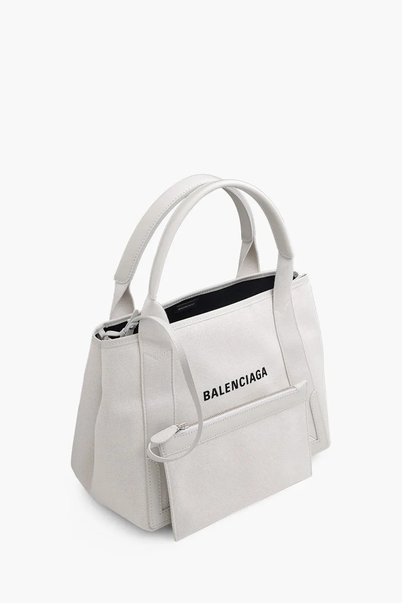 BALENCIAGA Navy Cabas S Tote in Off White/Beige with Logo 2