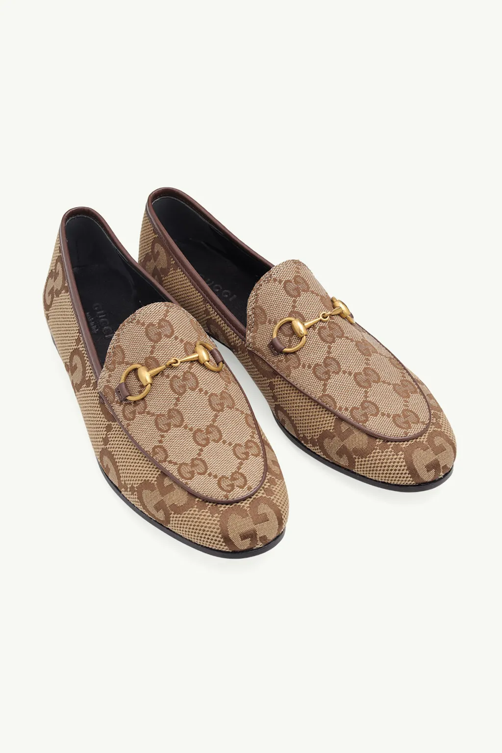 GUCCI Women Maxi GG Jordaan Loafers in Camel/Ebony Canvas 1